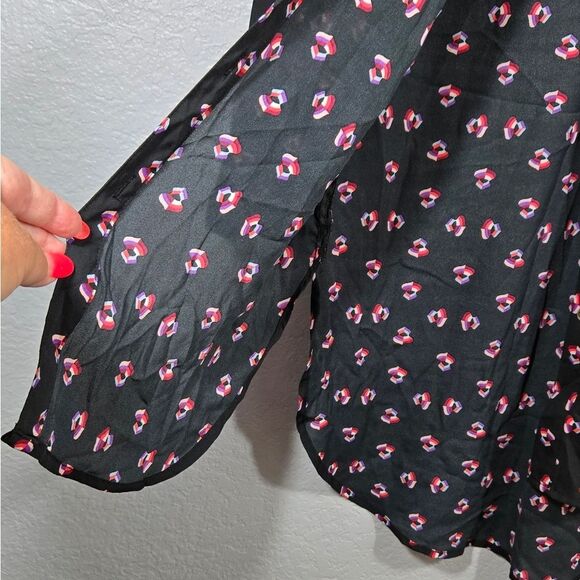 Gianni Bini Black Chiffon Button Down Long Sleeve Tunic Geometric Pattern Blouse - Picture 7 of 11